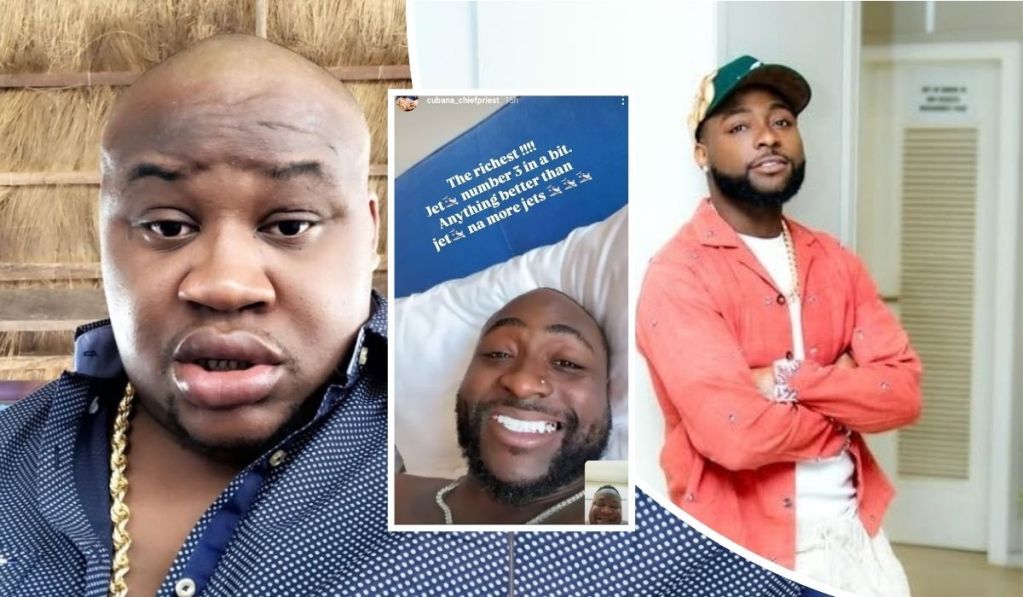 Cubana Chief Priest poses in a blue patterned shirt with a gold chain, while Davido appears twice—once alongside a bold quote about wealth and private jets, and again in a coral jacket with crossed arms and a confident expression.