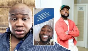 Cubana Chief Priest poses in a blue patterned shirt with a gold chain, while Davido appears twice—once alongside a bold quote about wealth and private jets, and again in a coral jacket with crossed arms and a confident expression.