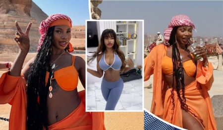 BBNaija star Tacha showcases her style in a trio of visuals: two desert-inspired shots featuring an orange bikini set and vibrant headscarf, and one indoor scene where she sports a sleek grey and white athleisure look in a modern space.