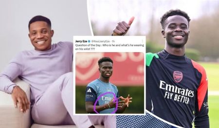 Pastor Jerry Eze sits in a relaxed pose wearing a light-colored outfit, while Bukayo Saka, shown in two frames, sports different Arsenal training kits. A tweet by Eze is centered between the photos, expressing curiosity about the wristband Saka wears.