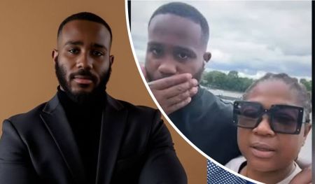 BBNaija star Kiddwaya poses in a sleek black suit, exuding elegance and charm. Alongside him, his mother Susan appears in a stylish polka dot outfit as they enjoy a serene outdoor moment together, framed by a cloudy sky and lush greenery. Their connection radiates warmth and sophistication.