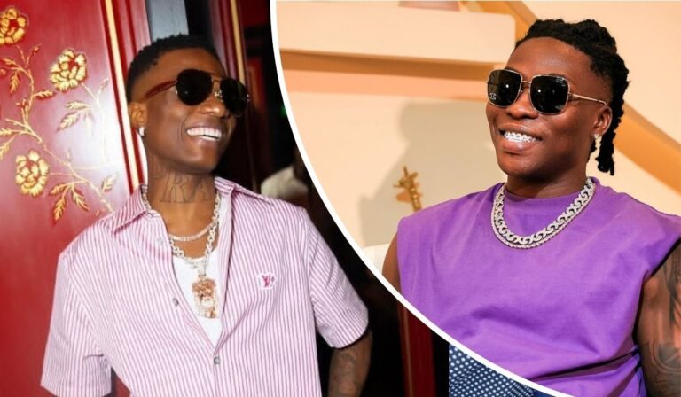 Wizkid stands confidently against a vibrant red floral backdrop, sporting a pink striped shirt and layered necklaces. Reekado Banks appears in a relaxed indoor setting, wearing a purple sleeveless top and silver chain, with a guitar resting in the background. Their distinct fashion choices reflect their individual artistic vibes.