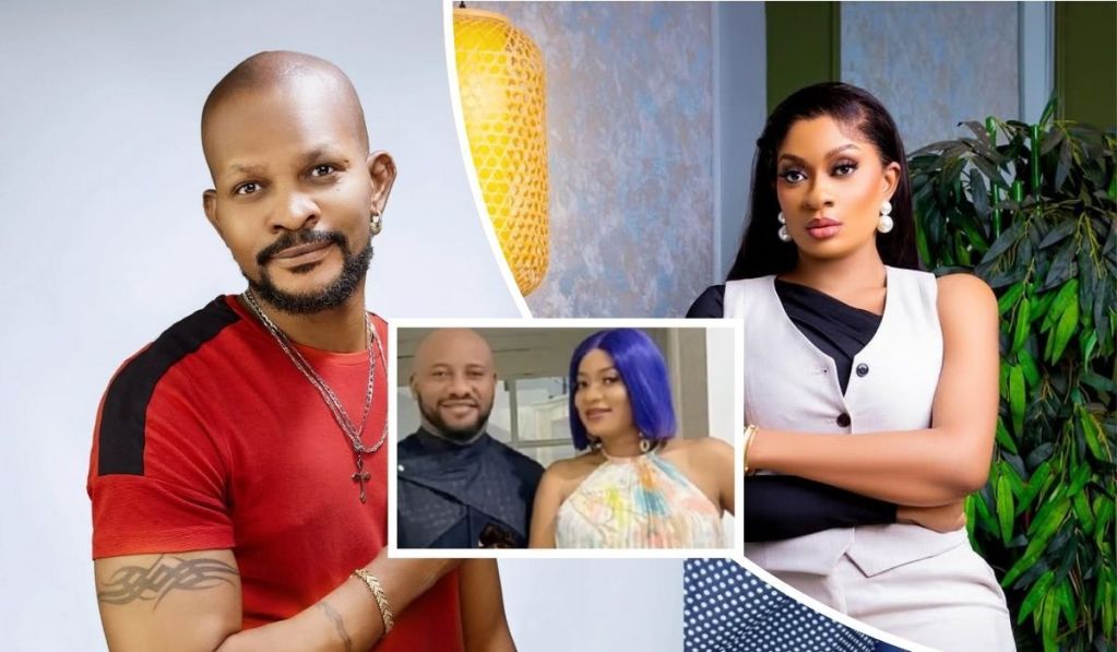 Uche Maduagwu poses in a red-striped shirt, flaunting a tattoo and chain necklace; center stage, Yul and May Edochie stand side by side—he in dark attire, she in a vibrant halter dress with bold blue hair; on the right, May appears poised with crossed arms, wearing a cream vest over a black top, framed by greenery and soft lighting.