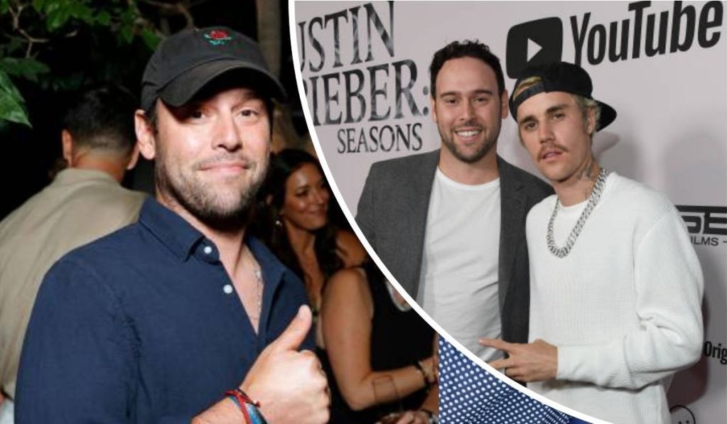 Scooter Braun and Justin Bieber attend a YouTube event for "Justin Bieber: Seasons," with Braun in a gray blazer and white shirt, and Bieber in a white sweater and silver chain. A third person gives a thumbs-up in a separate moment.