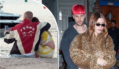 Justin and Hailey Bieber share affectionate moments together—one scene captures them relaxing by the waterfront in coordinated outfits, while another shows them strolling closely through the city, dressed in bold casualwear.