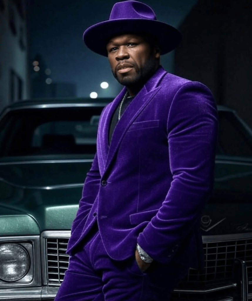 Rapper 50 Cent wears a bold purple velvet suit with a matching hat, posing confidently beside a vintage green car, blending classic style with modern swagger.