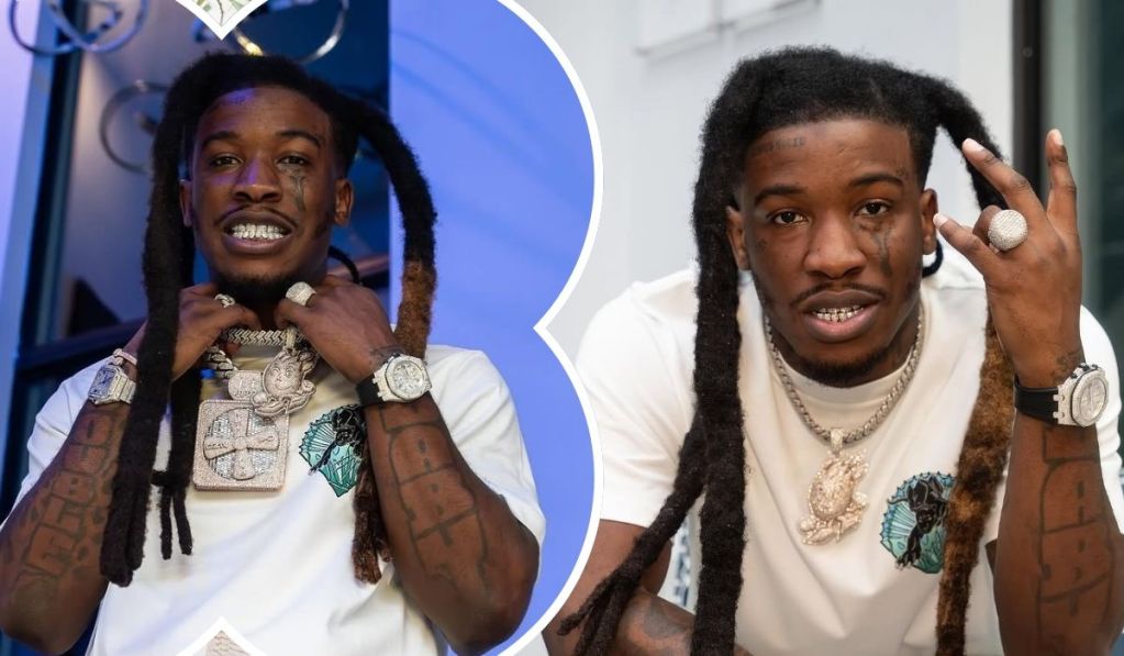 Rapper Hotboii wears a white graphic t-shirt and showcases bold jewelry, including layered chains, dual watches, and a ring. His long, partially dyed dreadlocks and tattooed arms reflect his distinct style across two different poses.