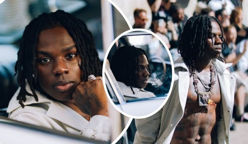 Singer Rema showcases bold style in a white jacket layered with necklaces, including a large pendant. The collage highlights moments from a public setting: him seated in a car, a close-up of his ring-adorned hand, and a striking shirtless stance revealing tattoos and jewelry. The backdrop teems with onlookers, amplifying the sense of star power.