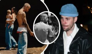 Justin Bieber and Hailey Baldwin share intimate family moments with their baby Jack. One scene shows Justin shirtless with his tattoos exposed as Hailey lovingly cradles Jack. Another features the couple in a tender embrace, and a third captures Justin in a blue cap and black leather jacket, offering a casual yet stylish vibe.