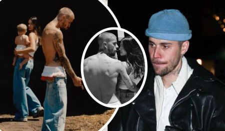 Justin Bieber and Hailey Baldwin share intimate family moments with their baby Jack. One scene shows Justin shirtless with his tattoos exposed as Hailey lovingly cradles Jack. Another features the couple in a tender embrace, and a third captures Justin in a blue cap and black leather jacket, offering a casual yet stylish vibe.