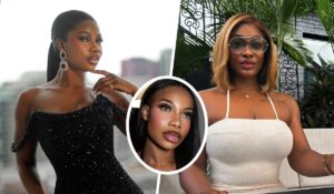 Tacha exudes glamour in a black off-shoulder dress with sparkling details and statement earrings, while Uriel contrasts in a casual white tank top, showcasing tattoos and laid-back confidence. The collage highlights their distinct fashion vibes and personalities.
