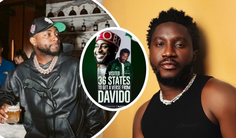 Singer Davido and comedian Nasboi are highlighted in a vibrant collage that chronicles Nasboi’s determined journey across Nigeria’s 36 states in pursuit of a verse from Davido. He appears in casual streetwear—once in a black Puma hoodie and again in a sleeveless top with a chain—symbolizing both grit and style against dynamic urban backdrops.