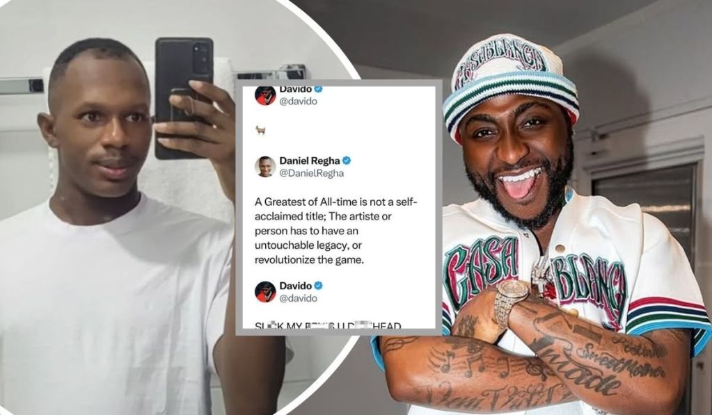 A split-screen collage showing Daniel Regha’s tweet critiquing self-proclaimed “GOAT” titles and Davido’s brash reply, paired with individual photos of both men—Regha posing casually in a white shirt, and Davido appearing bold and expressive in a colorful outfit with visible tattoos. The layout underscores a tense exchange over musical legacy and status.