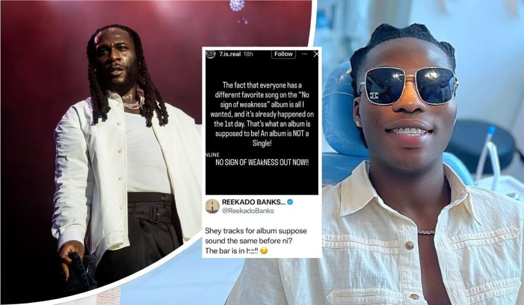 Collage featuring Burna Boy in a white outfit performing on stage and Reekado Banks in sunglasses and a white shirt, alongside X posts praising the variety of songs on the "No Sign of Weakness" album and commenting on album track consistency.