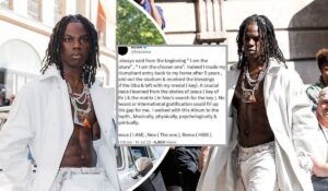 A collage showcasing Rema, dressed in a stylish white outfit with multiple layered necklaces and a prominent pendant, standing confidently in an urban setting. The accompanying X post from @heisrema highlights his triumphant return after five years, referencing his album's spiritual, musical, physical, and psychological depth, drawing parallels to Jesus, Neo, and himself, with a timestamp of 1:09 pm on July 10, 2025, and 4,404 views.