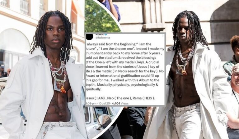 A collage showcasing Rema, dressed in a stylish white outfit with multiple layered necklaces and a prominent pendant, standing confidently in an urban setting. The accompanying X post from @heisrema highlights his triumphant return after five years, referencing his album's spiritual, musical, physical, and psychological depth, drawing parallels to Jesus, Neo, and himself, with a timestamp of 1:09 pm on July 10, 2025, and 4,404 views.