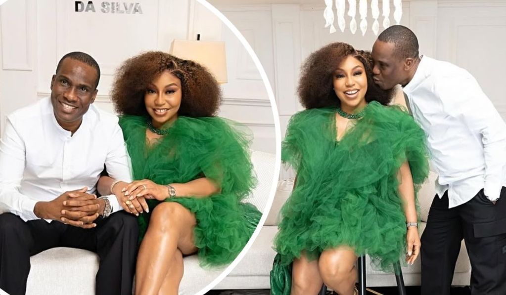 Actress Rita Dominic sits elegantly in a vibrant green tulle dress, holding hands with her husband Fidelis Anosike, who is dressed in a white shirt and black pants. In the second scene, Fidelis leans in to kiss Rita on the cheek as she smiles warmly, showcasing their affectionate bond.