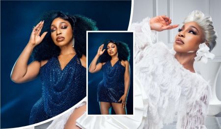 Actress Rita Dominic showcases her stunning style in a sparkling navy dress with voluminous hair, striking a confident pose, and later in an elegant white feathered outfit with a chic silver hairstyle, exuding glamour and sophistication.
