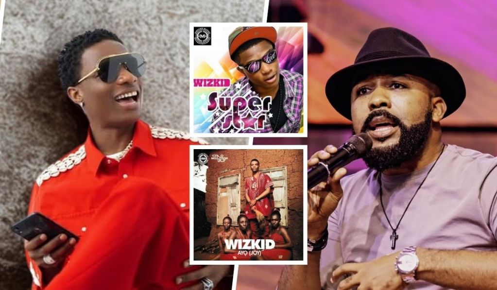 Collage featuring Wizkid in a red shirt with sunglasses holding a phone, Banky W performing with a microphone and hat, and covers of Wizkid's albums "Superstar" and "Ayo" in the center.