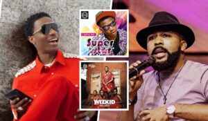 Collage featuring Wizkid in a red shirt with sunglasses holding a phone, Banky W performing with a microphone and hat, and covers of Wizkid's albums "Superstar" and "Ayo" in the center.