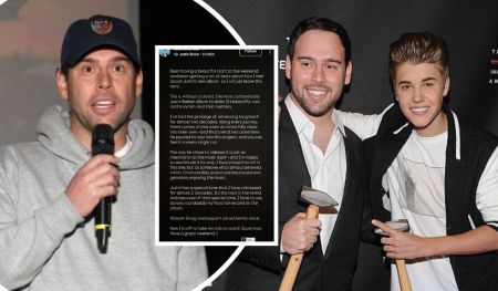 A collage featuring Scooter Braun speaking into a microphone while wearing a gray hoodie and USA cap, alongside an X post praising Justin Bieber's new album "Daisies," and a photo of Scooter Braun and a younger Justin Bieber posing together, each holding a hammer.