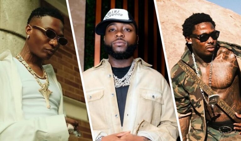 A collage featuring Wizkid in a white outfit with layered necklaces, Davido in a beige jacket and cap with heavy chains, and Asake in a camouflage jacket with tattoos and a chain, showcasing their distinct styles.