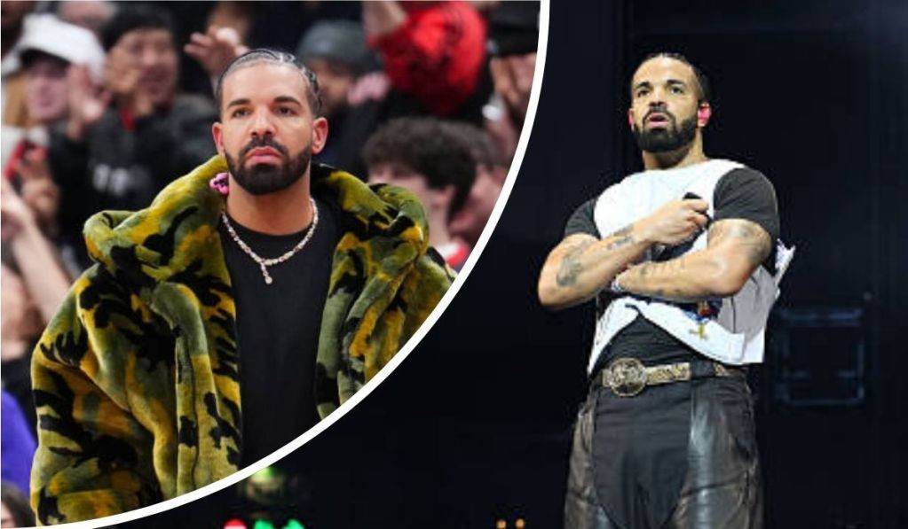 A collage featuring rapper Drake, showcasing him in a vibrant camouflage jacket with a crowd in the background on the left, and performing on stage in a white and black outfit with tattoos visible on his arms on the right.