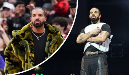 A collage featuring rapper Drake, showcasing him in a vibrant camouflage jacket with a crowd in the background on the left, and performing on stage in a white and black outfit with tattoos visible on his arms on the right.