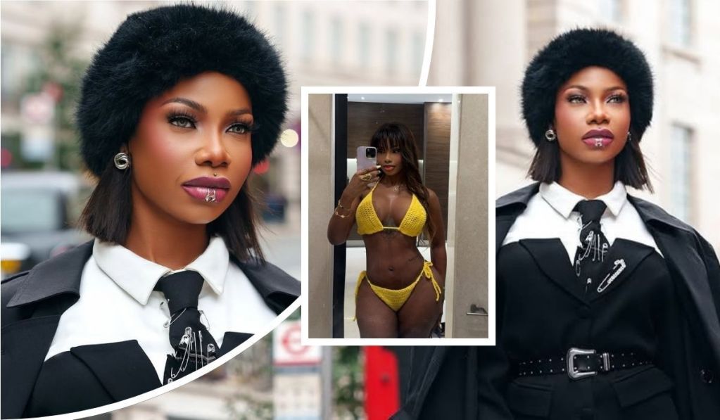 A collage featuring BBNaija star Tacha showcases her in three distinct outfits: a stylish black coat with a white shirt and black tie adorned with safety pins, a vibrant yellow bikini captured in a mirror selfie, and a fashionable black ensemble with a white shirt, black tie, and a wide belt, complemented by a fur hat in each look.