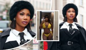A collage featuring BBNaija star Tacha showcases her in three distinct outfits: a stylish black coat with a white shirt and black tie adorned with safety pins, a vibrant yellow bikini captured in a mirror selfie, and a fashionable black ensemble with a white shirt, black tie, and a wide belt, complemented by a fur hat in each look.