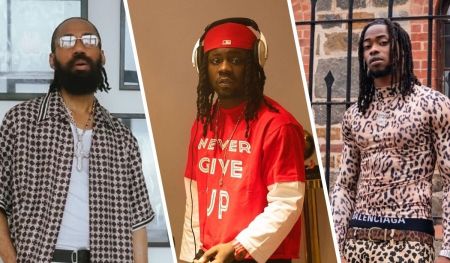 A collage featuring indigenous rappers Phyno, Aguero Banks, and Jeriq, showcasing their unique styles. Phyno wears a patterned shirt and sunglasses, Aguero Banks sports a red "NEVER GIVE UP" shirt with headphones, and Jeriq dons a leopard-print outfit with a Balenciaga belt.