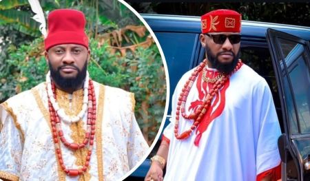 Actor Yul Edochie is depicted in two outfits, each featuring a red and white traditional attire with intricate beadwork and a matching red cap, showcasing his cultural style in different settings.