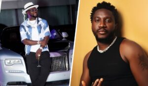 Music executive Sheyman stands confidently in a stylish white hat and blue patterned shirt, holding a drink next to a sleek Rolls-Royce, while comedian Nasboi poses in a black sleeveless top against a yellow background, showcasing a tattoo and layered necklaces.