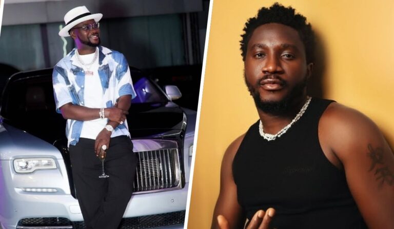 Music executive Sheyman stands confidently in a stylish white hat and blue patterned shirt, holding a drink next to a sleek Rolls-Royce, while comedian Nasboi poses in a black sleeveless top against a yellow background, showcasing a tattoo and layered necklaces.