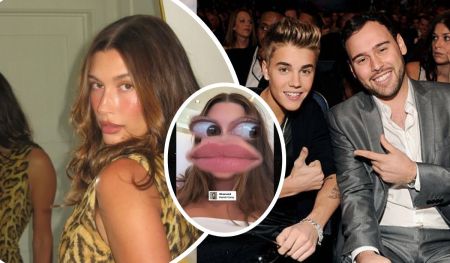 A collage featuring Hailey Bieber in a leopard-print dress, Justin Bieber with his signature hairstyle sitting next to Scooter Braun in a suit, and a humorous distorted selfie with the caption "Obsessed Mariah Carey."