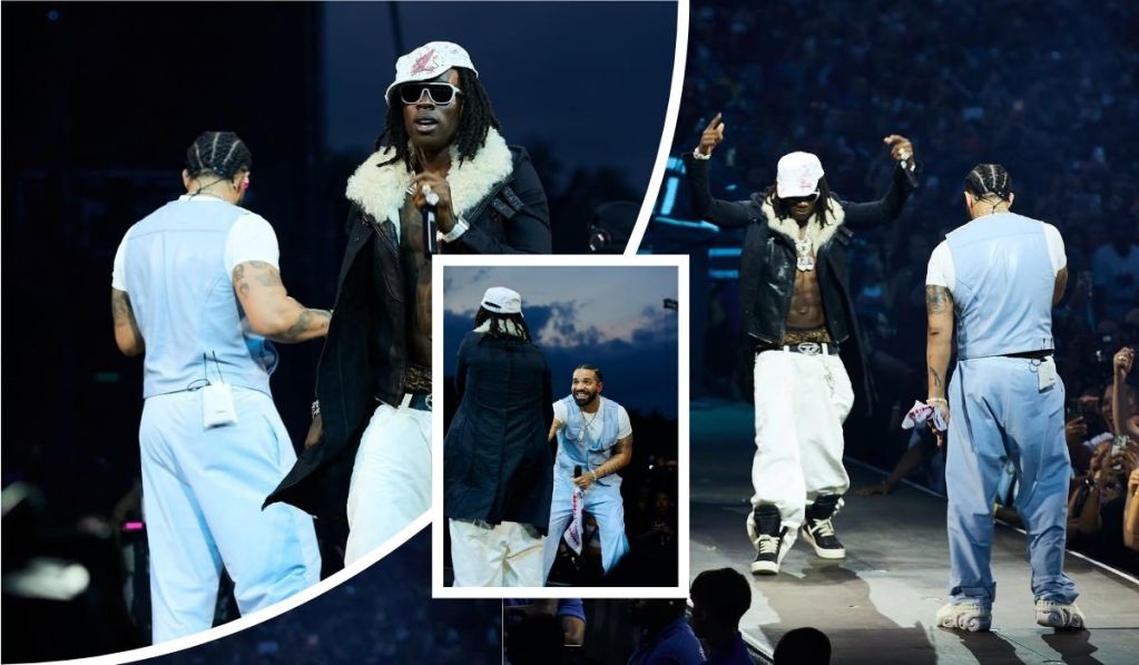 A collage showcasing rapper Drake and singer Rema performing on stage, dressed in stylish outfits including a white cap, black leather jacket with fur trim, and light blue coordinated ensembles, with a lively crowd in the background.
