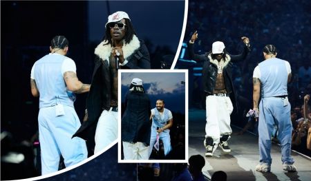 A collage showcasing rapper Drake and singer Rema performing on stage, dressed in stylish outfits including a white cap, black leather jacket with fur trim, and light blue coordinated ensembles, with a lively crowd in the background.