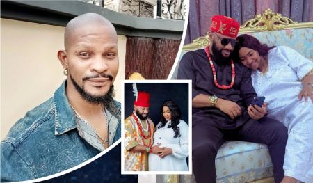 A collage featuring media personality Uche Maduagwu in a denim jacket, actor Yul Edochie in traditional attire with a red cap alongside his wife Judy Austin in a white dress, and the couple seated together on an ornate sofa, with Yul wearing sunglasses and Judy resting her head on his shoulder.