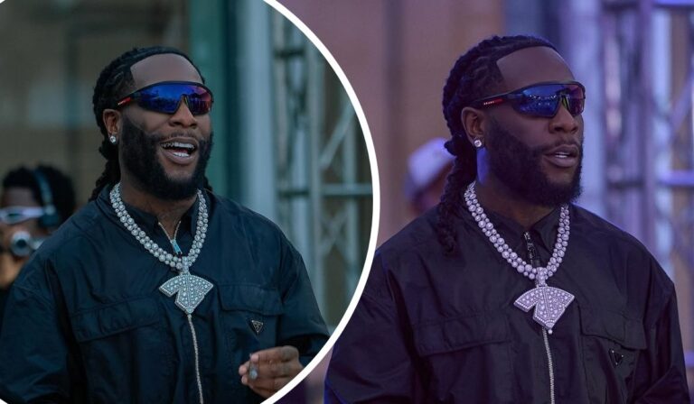 A collage featuring singer Burna Boy wearing a black outfit with a large, ornate necklace and reflective sunglasses, captured in two different poses with a blurred background.