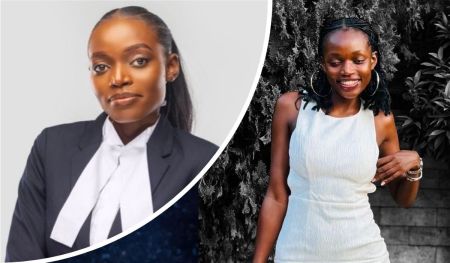 Lawyer Dorah Muhanuuzi is depicted in a professional setting wearing a dark suit and white collar, alongside a casual pose in a white dress with braided hair, set against a backdrop of foliage.