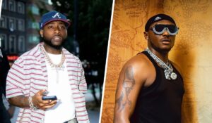 Collage featuring Davido wearing a striped shirt, Atlanta Braves cap, and heavy chains while holding a phone, alongside Terry G in a black tank top, Adidas cap, and ornate sunglasses with a detailed tattoo on his arm, standing against a textured background.