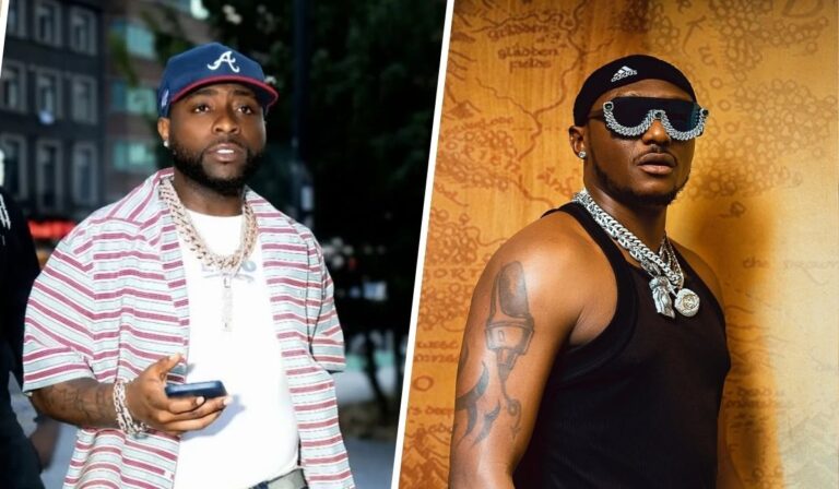 Collage featuring Davido wearing a striped shirt, Atlanta Braves cap, and heavy chains while holding a phone, alongside Terry G in a black tank top, Adidas cap, and ornate sunglasses with a detailed tattoo on his arm, standing against a textured background.