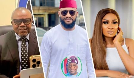 A collage featuring May's lawyer in a suit with a polka-dot tie, Yul Edochie in a white outfit with a red cap and a portrait on his shirt, and May Edochie with long brown hair in a white top.