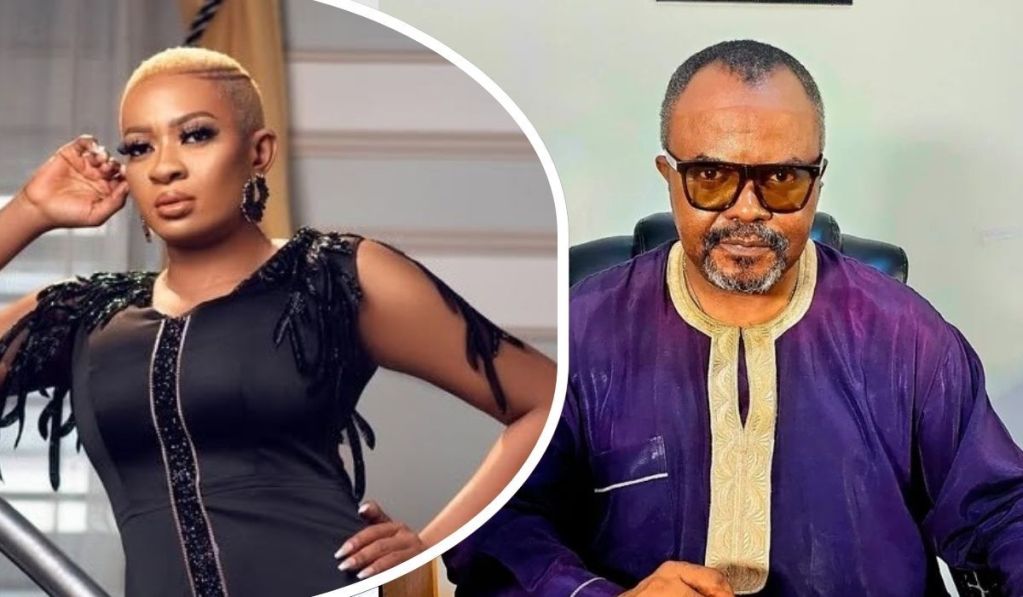 May Edochie poses confidently in a stylish black dress with feathered sleeves and sequin details, while her lawyer Emeka Ugwuonye sits in a purple traditional outfit with a gold-accented neckline, exuding professionalism.