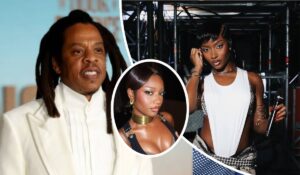 A collage featuring Jay Z in a white suit with dreadlocks on the left, Ayra Starr in a black outfit with a gold choker in the center, and Ayra Starr in a white top and studded belt on the right, set against a stage backdrop.