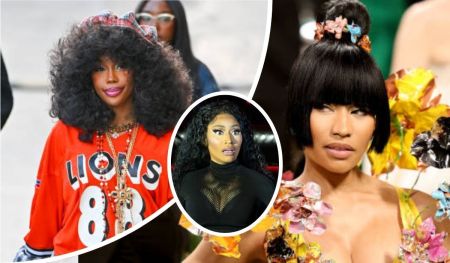 A collage featuring Sza in a vibrant orange "LIONS 88" jersey with a large afro and layered necklaces, alongside Nicki Minaj in a black mesh top, and two additional shots of Nicki Minaj showcasing a sleek updo with floral accessories and a colorful floral outfit.