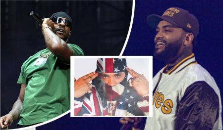 A collage featuring UK rapper Skepta performing on stage in a green shirt, US rapper Joyner Lucas in a Padres cap and satin jacket, and a central figure with a face covered by a Union Jack and American flag bandana, hands raised with rings visible.