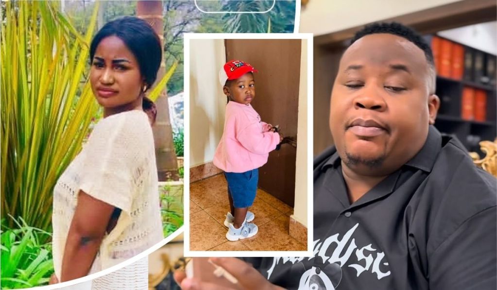 A collage showcases Hellen Ati standing outdoors in a light, textured top with lush greenery behind her, her son wearing a pink hoodie and red cap while standing by a door, and Cubana Chief Priest in a black shirt with white lettering, seated indoors with bookshelves in the background.