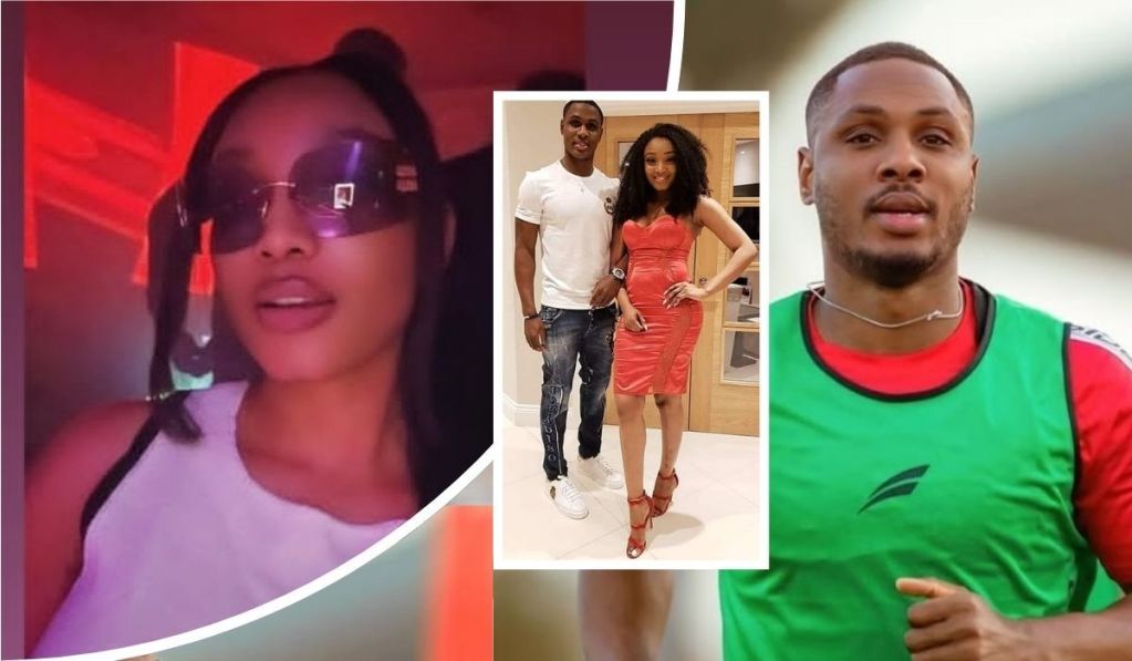 A collage featuring footballer Jude Ighalo and his ex-wife Sonia, showcasing her in a stylish red dress posing with Ighalo in casual attire, alongside a solo shot of Ighalo in a green and red sports jersey, and another of Sonia in a white top with purple sunglasses.