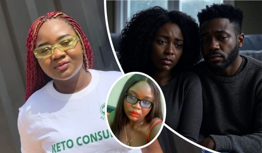 Anthonia Umerah, with red braids and yellow sunglasses, is shown in a white "Keto Consult" shirt on the left and in a smaller inset wearing glasses and a red top. To the right, a couple with serious expressions sits closely together, appearing depressed, against a blurred indoor background.